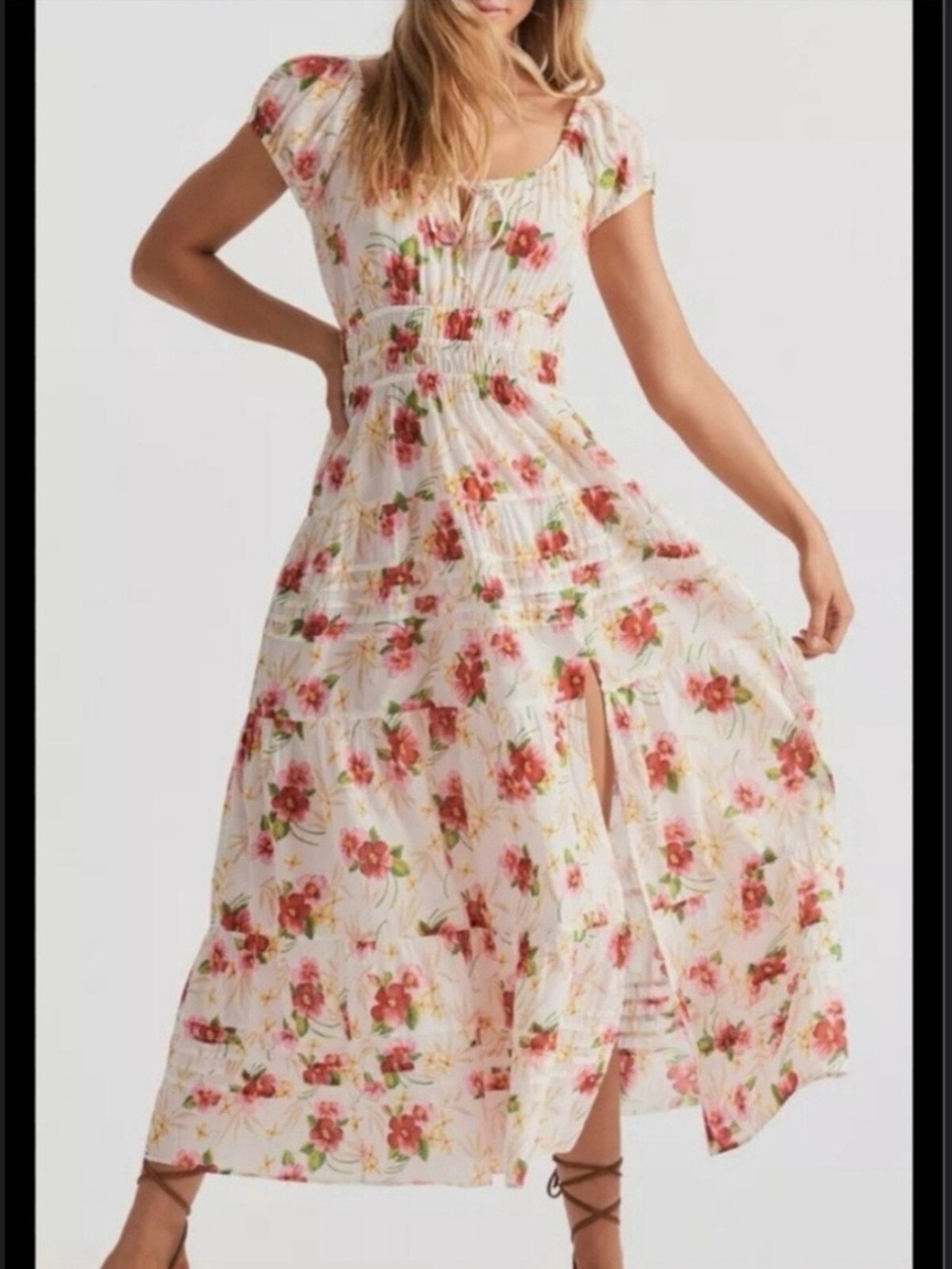 LoveShackFancy White Maxi Dress with Pink & Green Floral Print